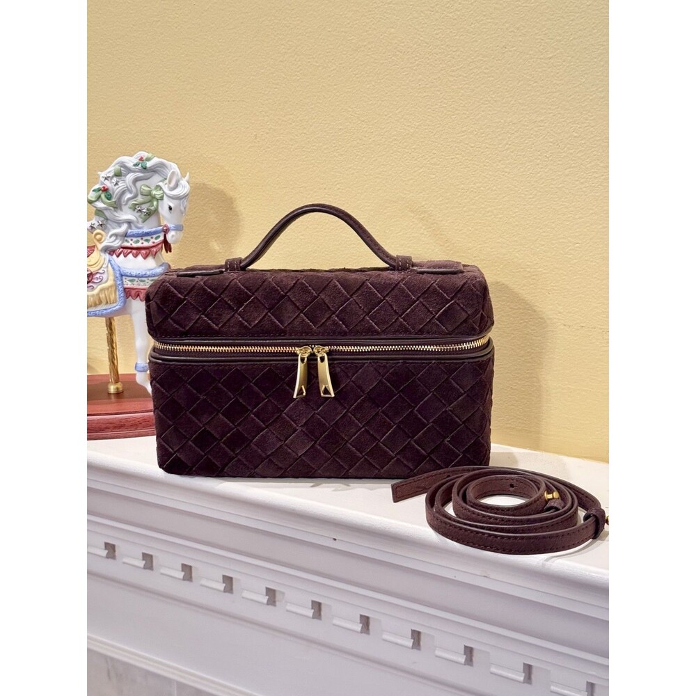 Genuine Suede Woven Vanity Crossbody Bag Brown Leather Interior Brass Perfect